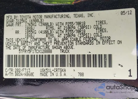 2012 Toyota Tundra Grade 5.7L V8 from USA, damaged, VIN 5TFRY5F17CX128888
